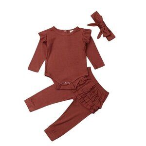 Baby Girl New 12 Months Ruffled Deep Red 3 Piece Pant Romper and Bow Outfit 12M